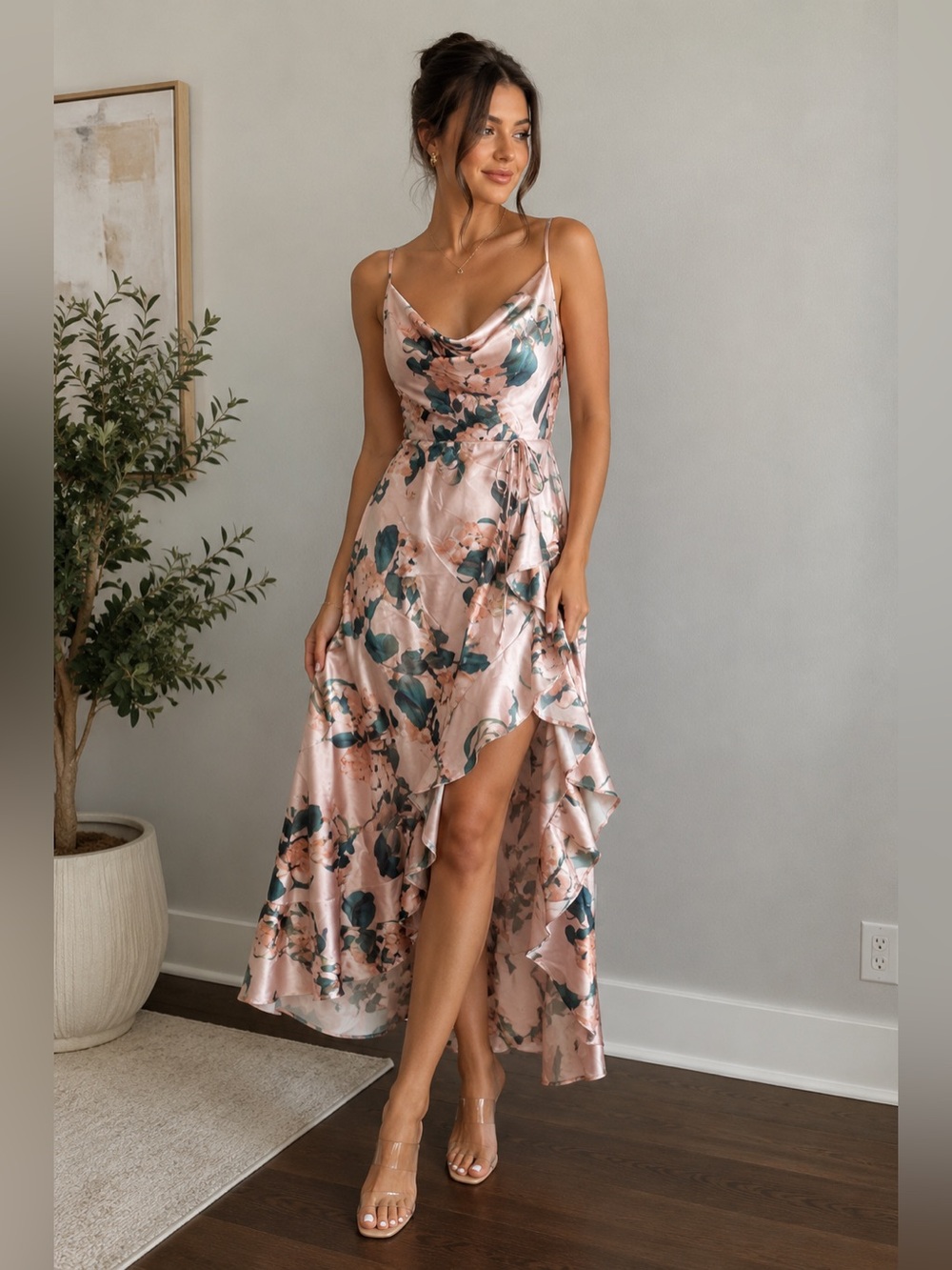 Club L London Floral Satin High Low Dress Pink Size 2